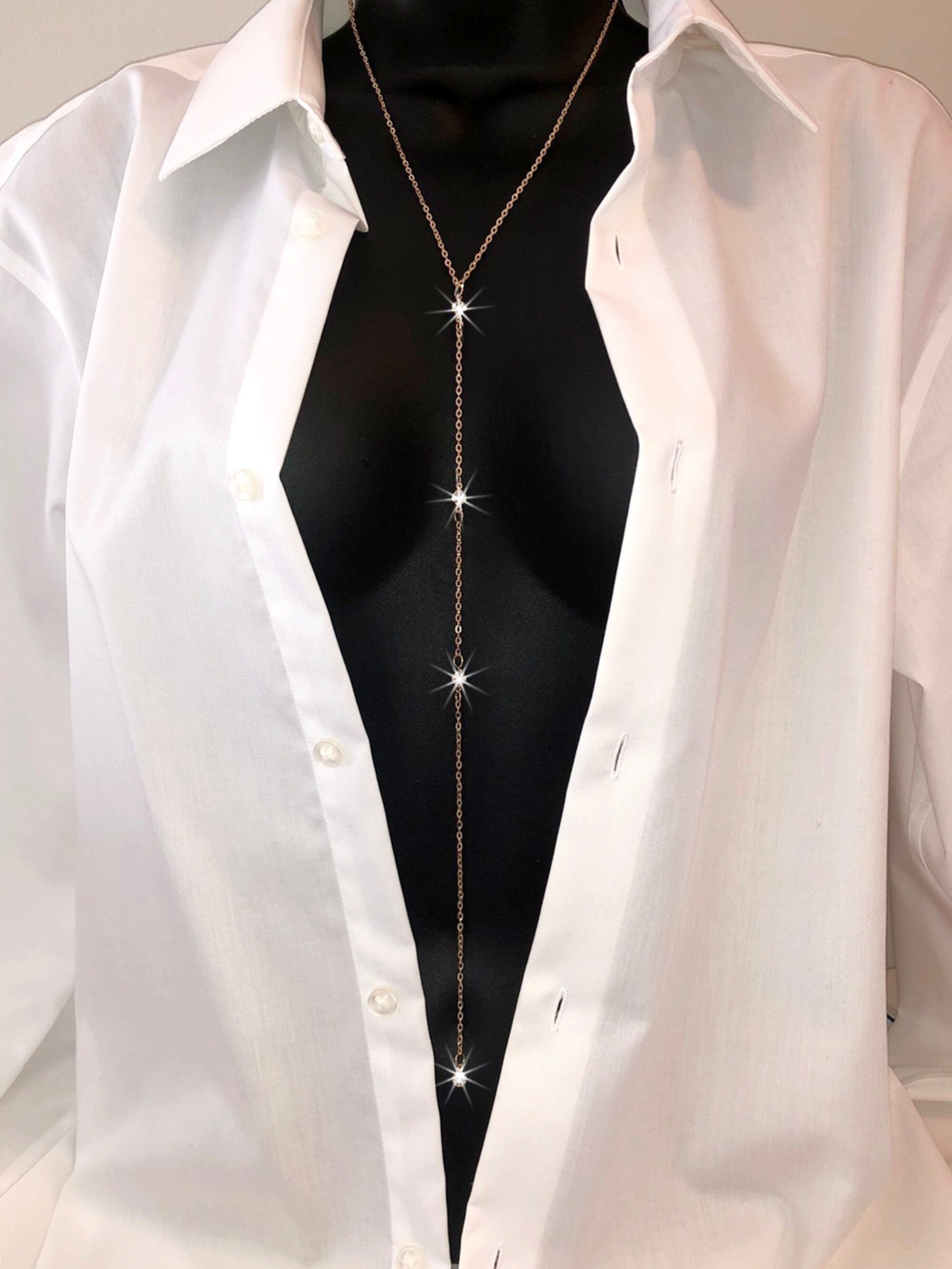 Body Chain Jewelry Reversible Back & Front Fashion Elegant Gold Color Long Backdrop Spaced Pendants Lariat Tassel Y Chain Necklace Gemstones